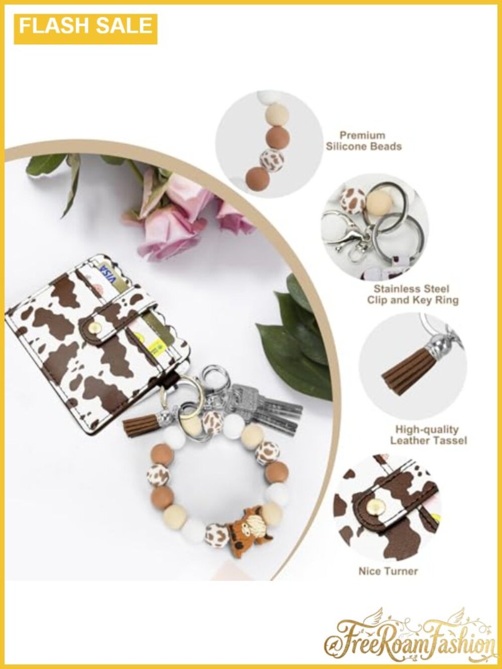 Highland Cow Wristlet Bracelet Keychain with Card Holder Silicone Beaded Keyring - Picture 3 of 4